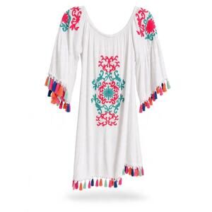 La Moda Boho Chic Embroidered Mini Dress Tassels Cover Up White Pink Teal OSFM